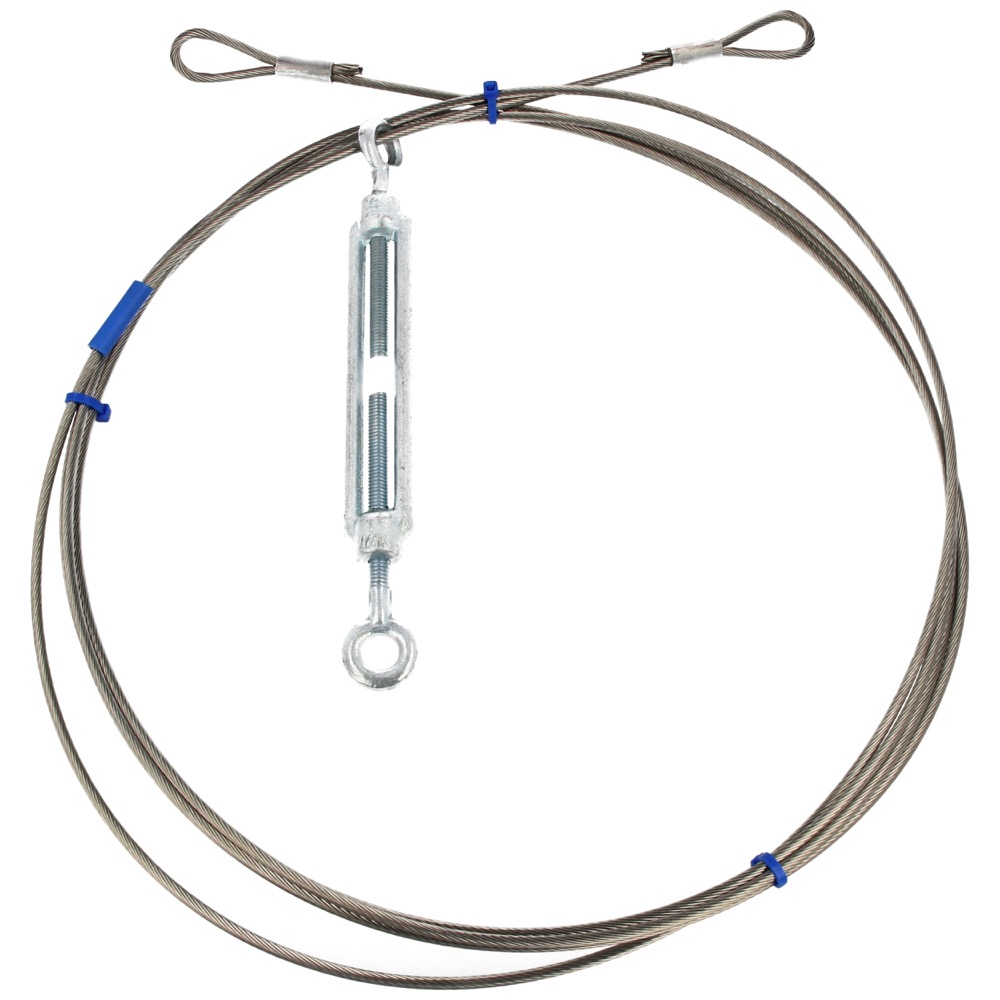 62.43.0000.018 Goot-nok-gootkabel rvs, HOH-lengte: … mm Ø3 mm 2x lusmaat=30 mm v.v. spanwartel M6 oog-oog DIN 1480 en blauwe huls (prijs op aanvraag)